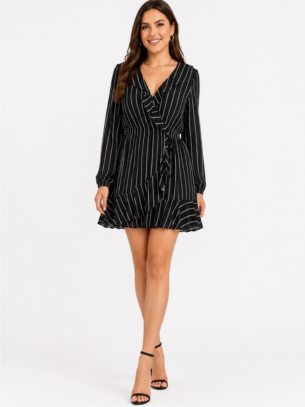 Express Pinstripe Long Sleeve Wrap Ruffle Dress Size Large NWOT